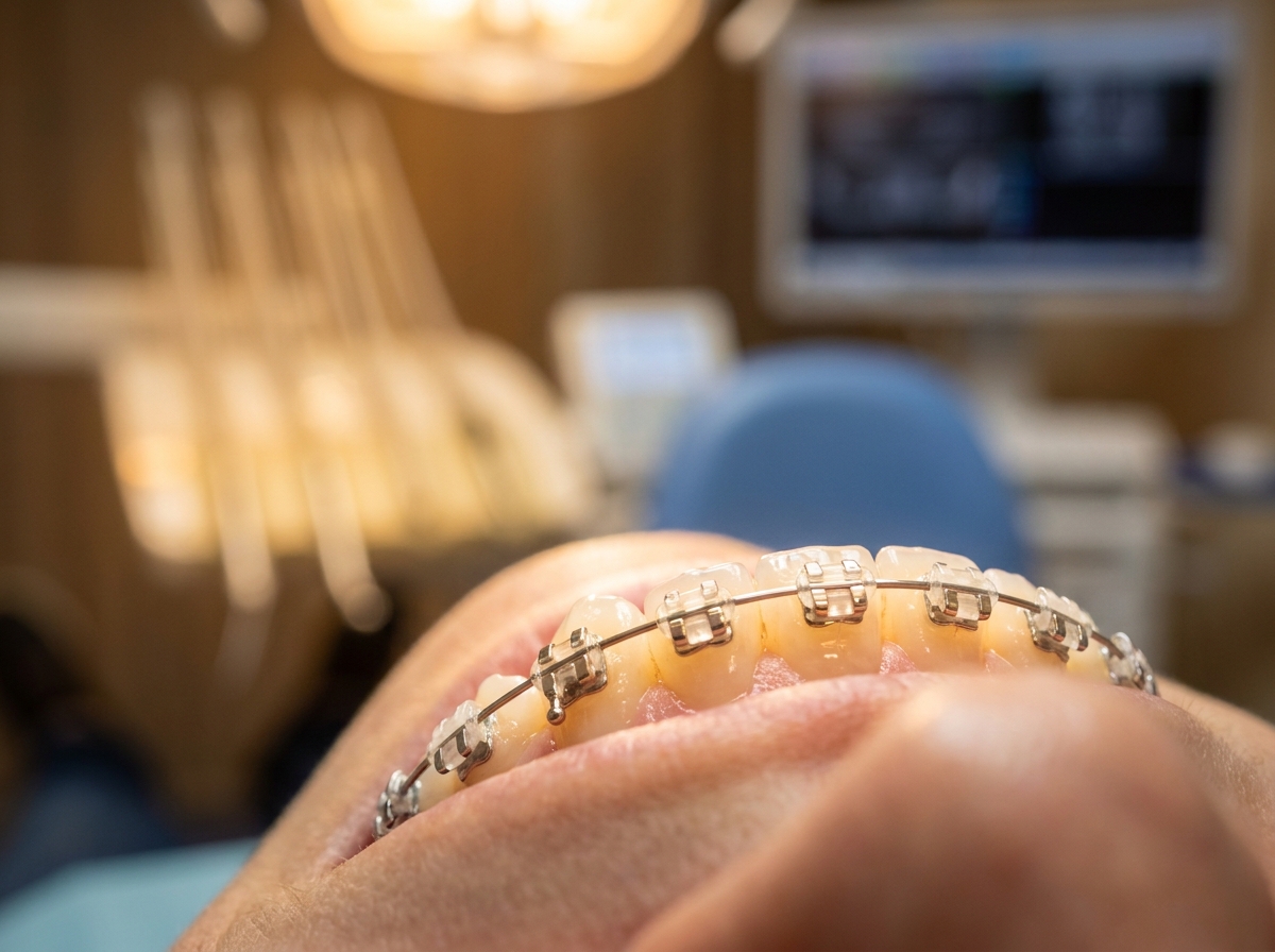 Self-ligating Damon braces showing sliding mechanism and clear bracket design in clinical setting