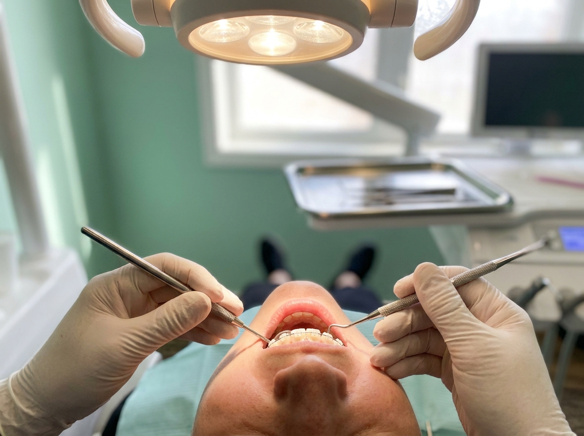Damon braces treatment in progress showing brackets and wires on patient's teeth