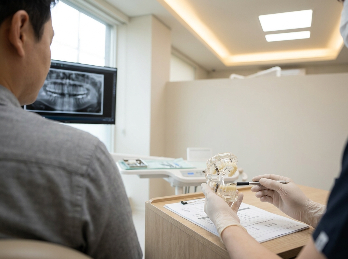 Dentist explaining dental implant treatment plan with model during patient consultation