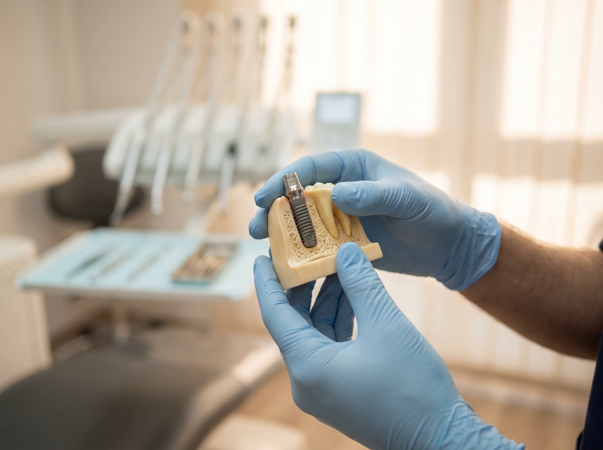 Dental professional holding an implant model showing tooth root integration with jawbone