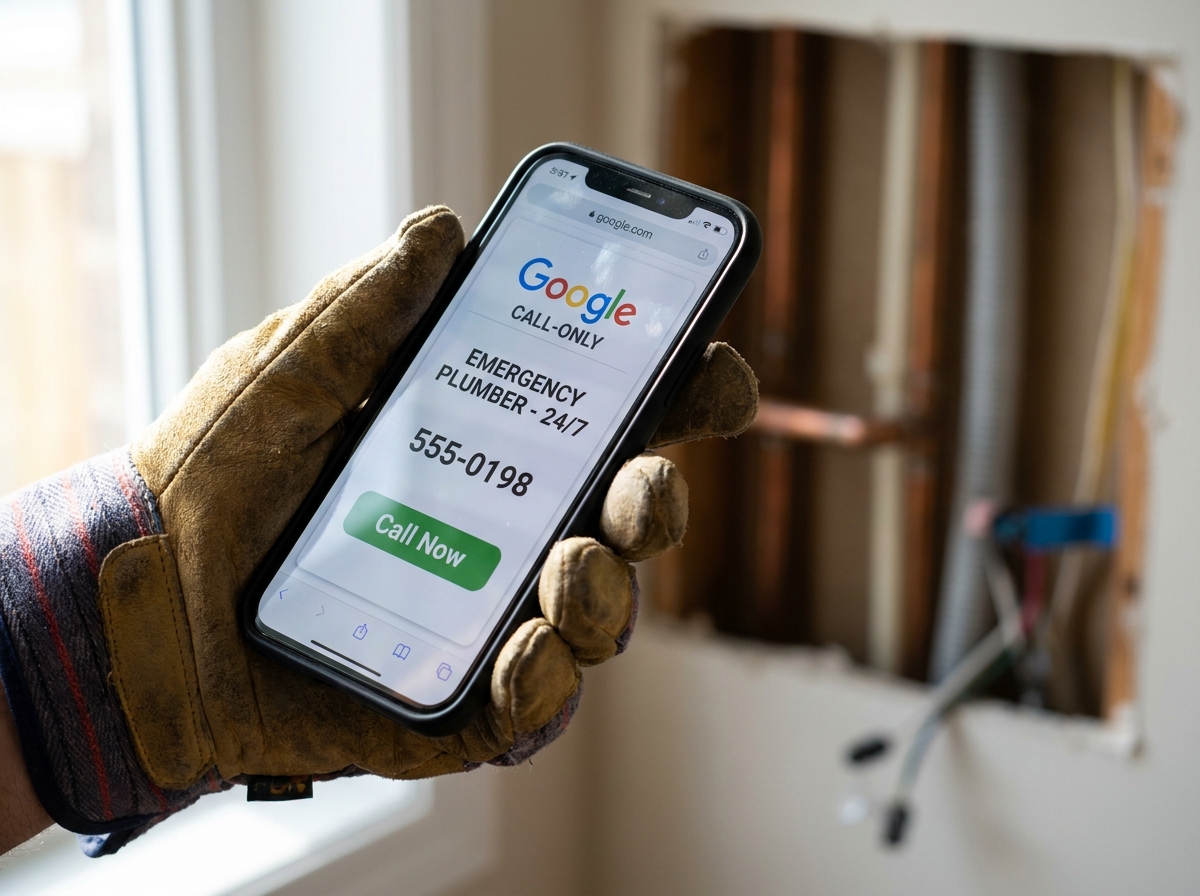 Tradesperson's gloved hand holding phone displaying Google call-only ad with call-now button