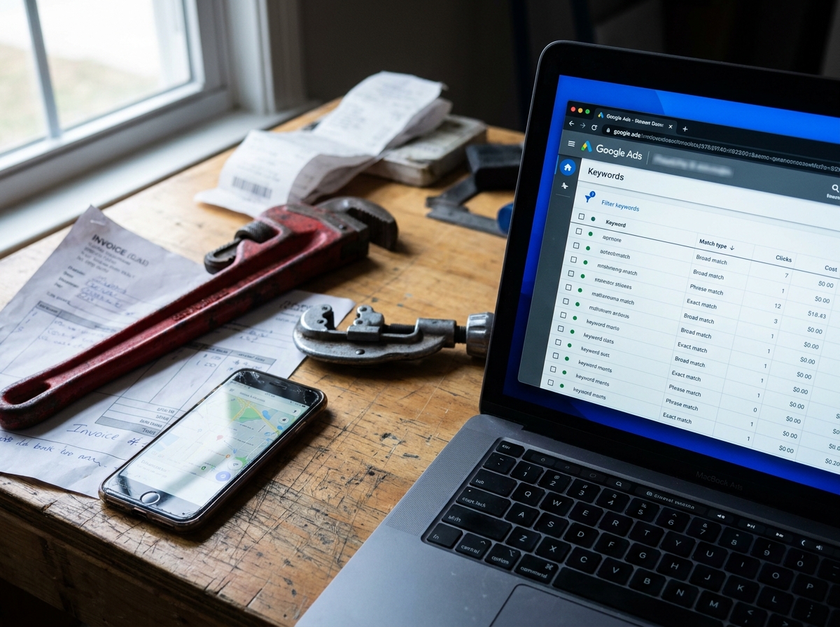 Tradesperson's desk with laptop showing Google Ads keyword match settings, tools and invoices